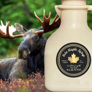 Adesivo Redondo Pure Maple Syrup Dourado Maple Leaf a Preto