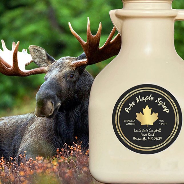 Adesivo Redondo Pure Maple Syrup Dourado Maple Leaf a Preto (Criador carregado)