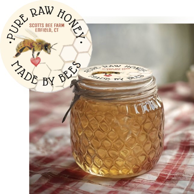 Adesivo Redondo PURE RAW HONEY Honeybee Honeycomb e Heart Pesd (Criador carregado)