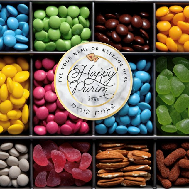 Adesivo Redondo Purim Marble & Dourado Script Classic LARGE (Criador carregado)