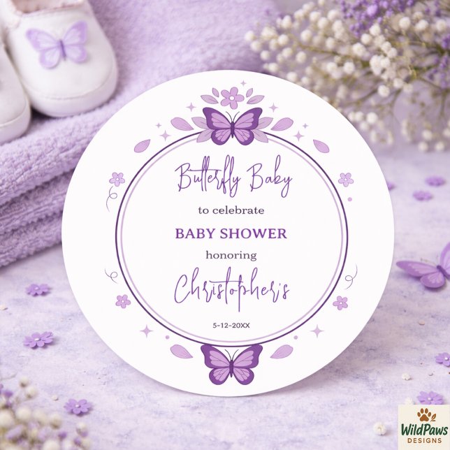 Adesivo Redondo Purple Butterfly Baby Girl Baby Shower  (Purple Butterfly Baby Girl Baby Shower Classic Round Sticker
)