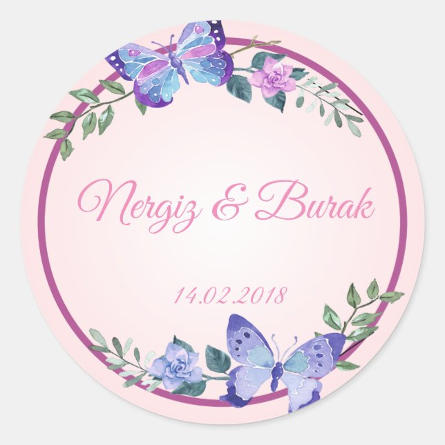 Adesivo Redondo purple butterfly wedding sticker (Frente)
