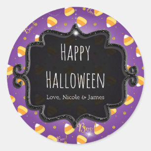 Adesivo Redondo Purple Candy Corn & Gold Dots Caprichoso Halloween