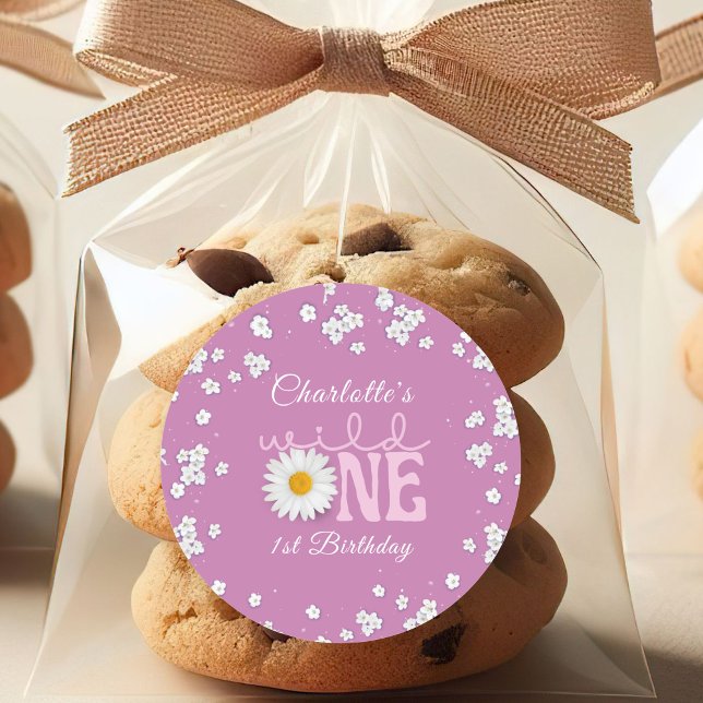 Adesivo Redondo Purple Daisy Wild One 1st Birthday  (Criador carregado)