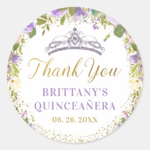 Adesivo Redondo Purple Floral Sparkle Dourada Quinceanera Obrigado