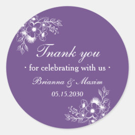 Adesivo Redondo Purple Floral Wedding Thank You