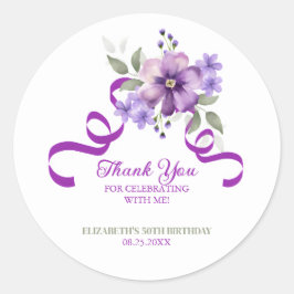 Adesivo Redondo Purple Flower Greenery Ribbon Birthday