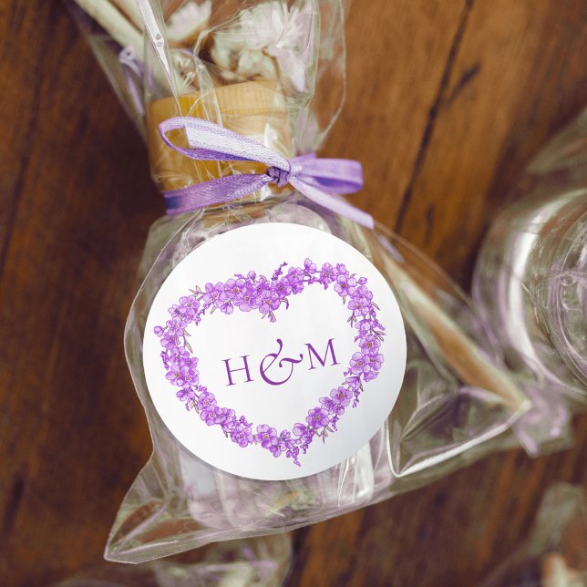 Adesivo Redondo Purple forget me nots inked art wedding monogram (Criador carregado)