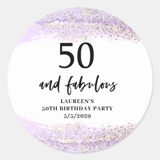 Adesivo Redondo Purple Glitter Purple 50th Birthday Party  (Frente)