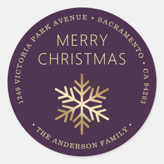 Adesivo Redondo Purple Gold Christmas Snowflake Return Address (Frente)