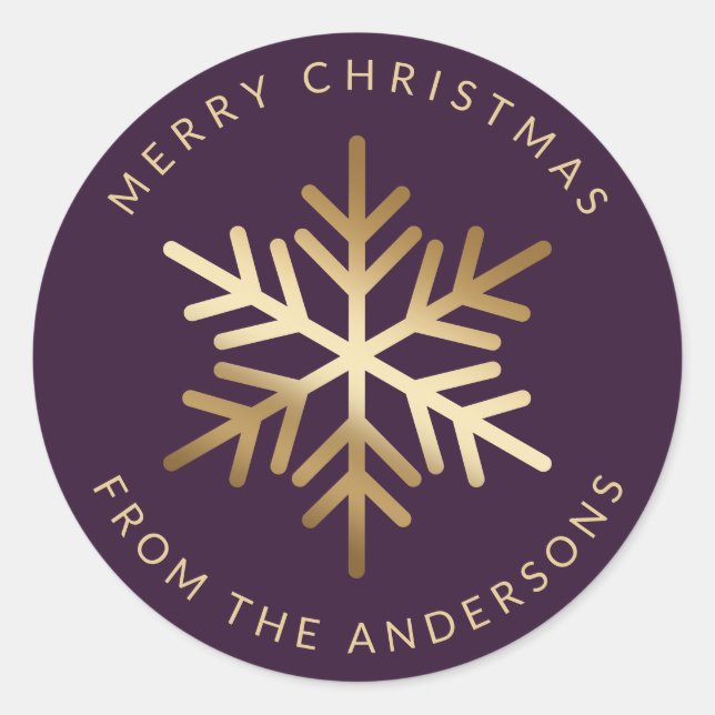 Adesivo Redondo Purple Gold Snowflake Family Merry Christmas (Frente)
