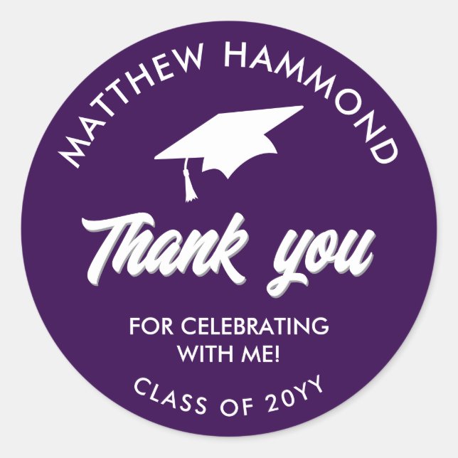 Adesivo Redondo Purple Graduating Class Thank You Grad Cap (Frente)