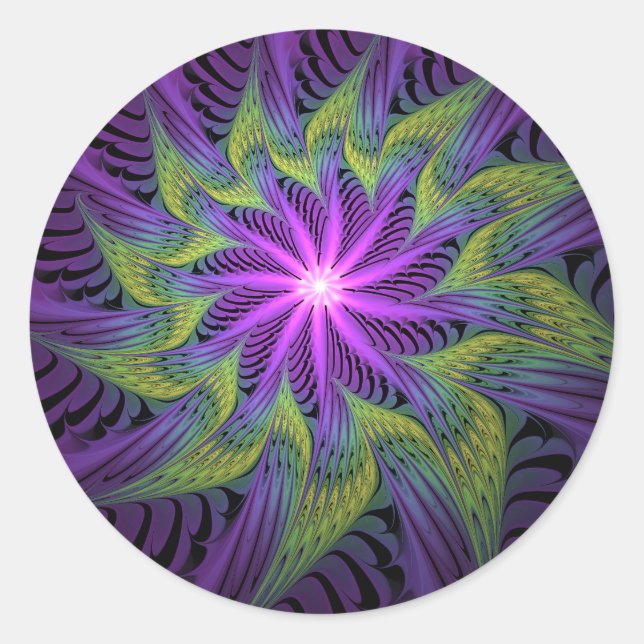Adesivo Redondo Purple Green Flower Modern Abstract Fractal Art (Frente)