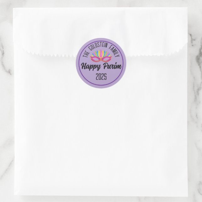 Adesivo Redondo Purple Happy Purim Family Name (Bolsa)
