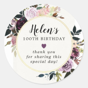 Adesivo Redondo Purple Mauve Pink Floral 100º Aniversário Obriga