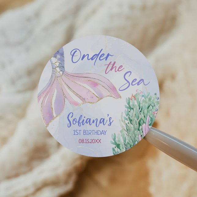 Adesivo Redondo Purple Mermaid 1st Birthday Oneder the Sea (Criador carregado)