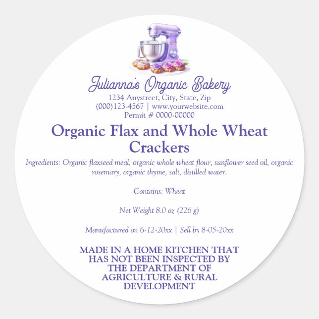 Adesivo Redondo Purple Mixer Bread Bakery Food Product Label (Frente)