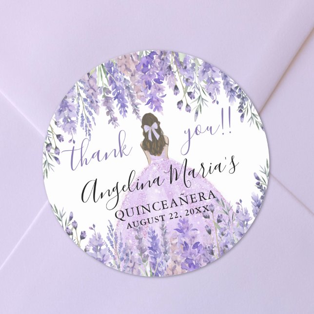 Adesivo Redondo Purple Obrigado Floral Quinceanera (Purple Thank You Floral Quinceanera Classic Round Sticker)