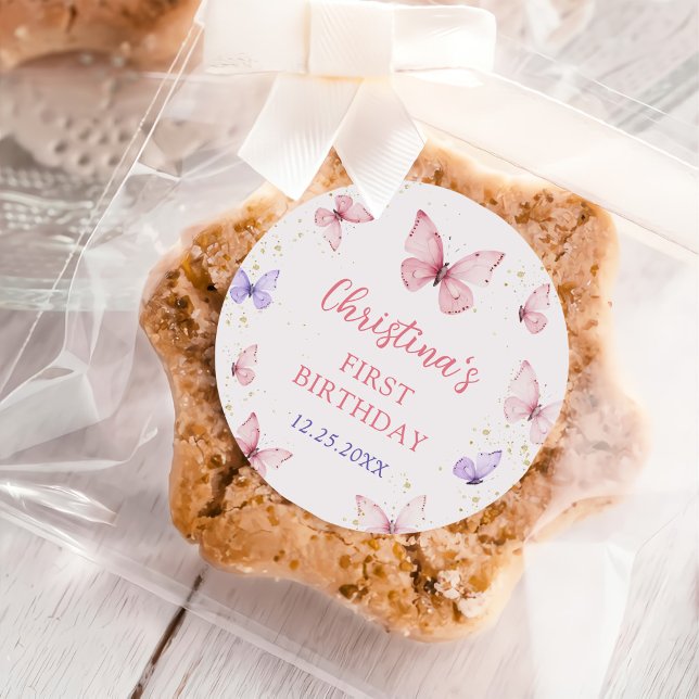 Adesivo Redondo Purple Pink Bow Butterfly Birthday Party (Criador carregado)