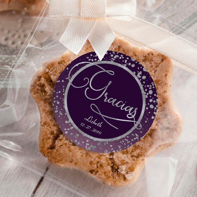 Adesivo Redondo Purple Silver Confetti Gracias Glam Gift Obrigado (Criador carregado)