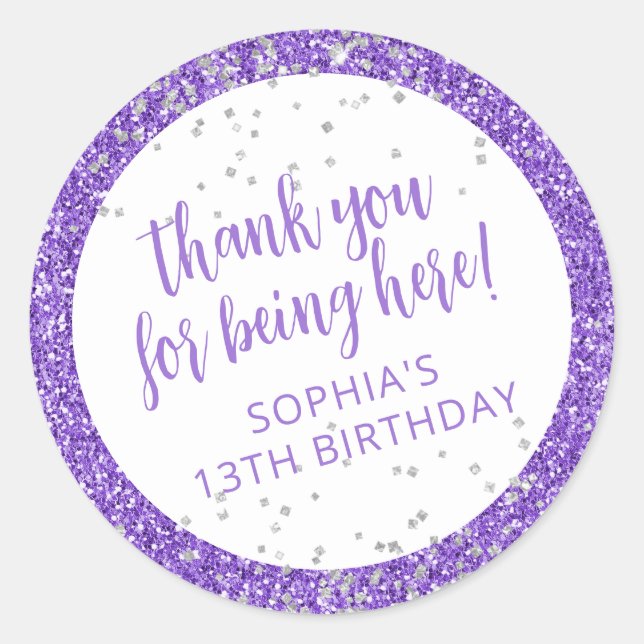 Adesivo Redondo Purple Silver Glitter Confetti Obrigado (Frente)