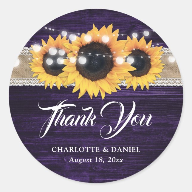 Adesivo Redondo Purple Wood Burlap Lace Sunflower Wedding (Frente)