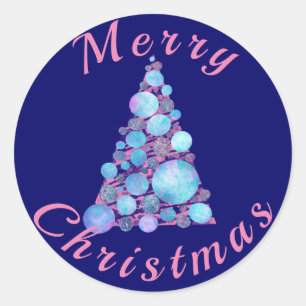 Adesivo Redondo Púrpura de Árvore Rosa Feliz de Natal