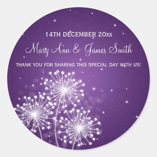 Adesivo Redondo Púrpura de Verão de Casamento Elegante (Frente)
