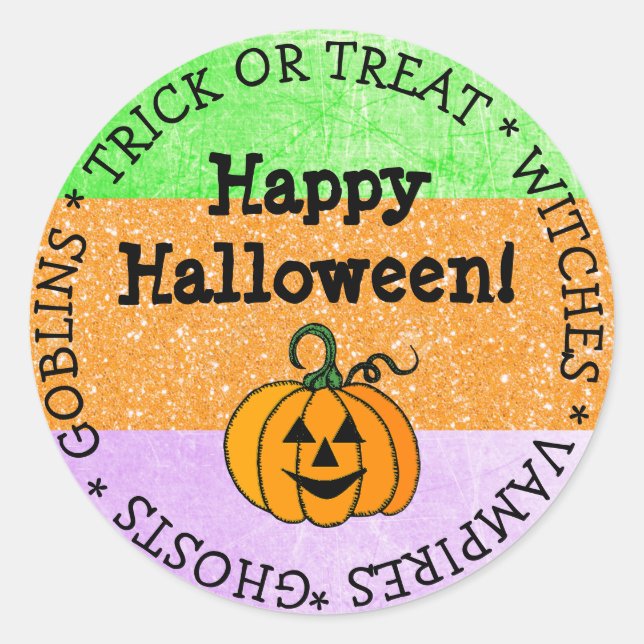 Adesivo Redondo Púrpura do Dia das Bruxas, Verde, Pumpkin Laranja (Frente)