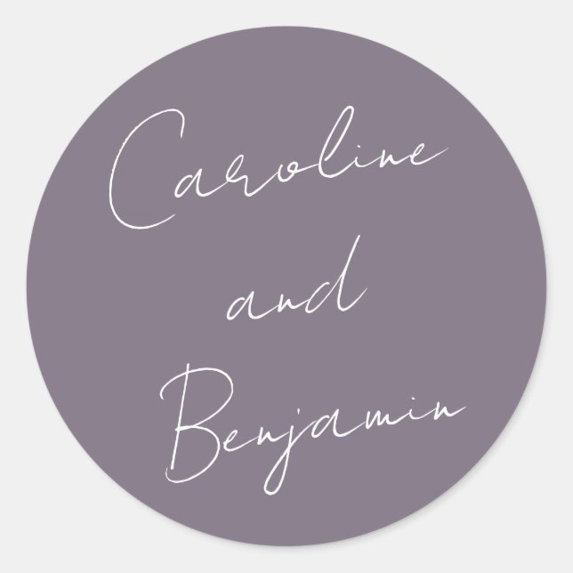 Adesivo Redondo Púrpura Dusta de Casamento com Escrita Manual Mode (Frente)