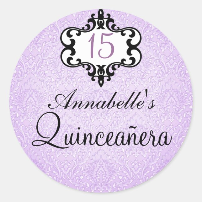 Adesivo Redondo Púrpura e Black Chic Damask Quinceañera Sticker (Frente)