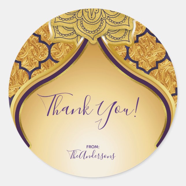 Adesivo Redondo Púrpura e Dourada do Partido Árabe Marroquino-Indi (Frente)