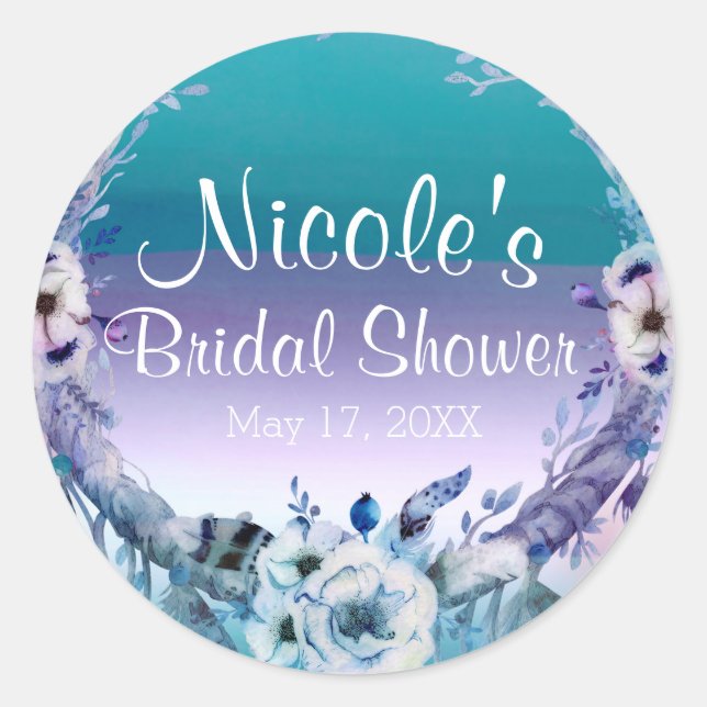 Adesivo Redondo Púrpura e Teal Dream Catcher Boho Chic Party Favor (Frente)