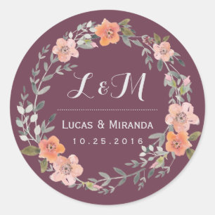 Adesivo Redondo Púrpura Flor Rústica Vedante De Casamento