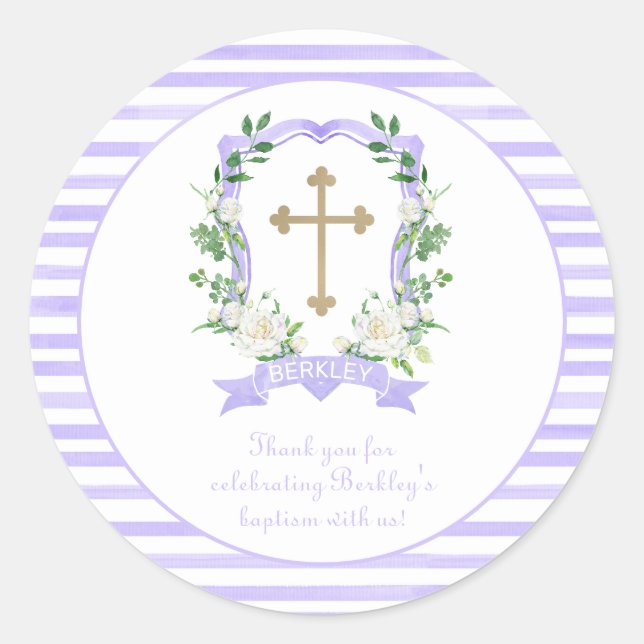 Adesivo Redondo Púrpura Floral Crest Baptism Obrigado (Frente)
