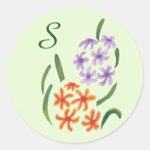 Adesivo Redondo Púrpura Laranja Hyacinona Floral Monogramas