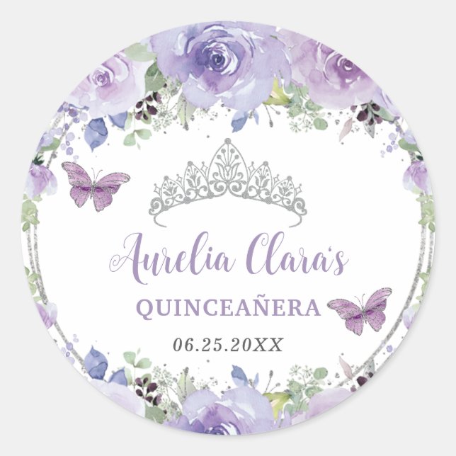 Adesivo Redondo Púrpura Lilac Floral Quinceañera Crown Butterflies (Frente)