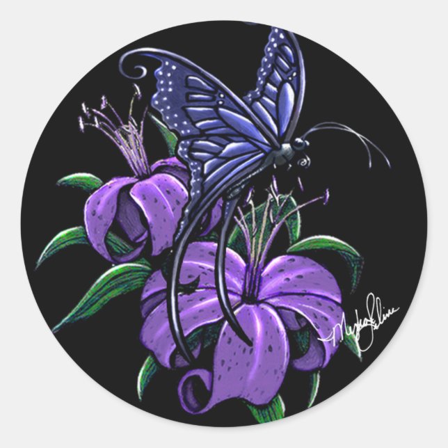 Adesivo Redondo Púrpura Lillies Blue Butterfly Fantasy Art Sticker (Frente)