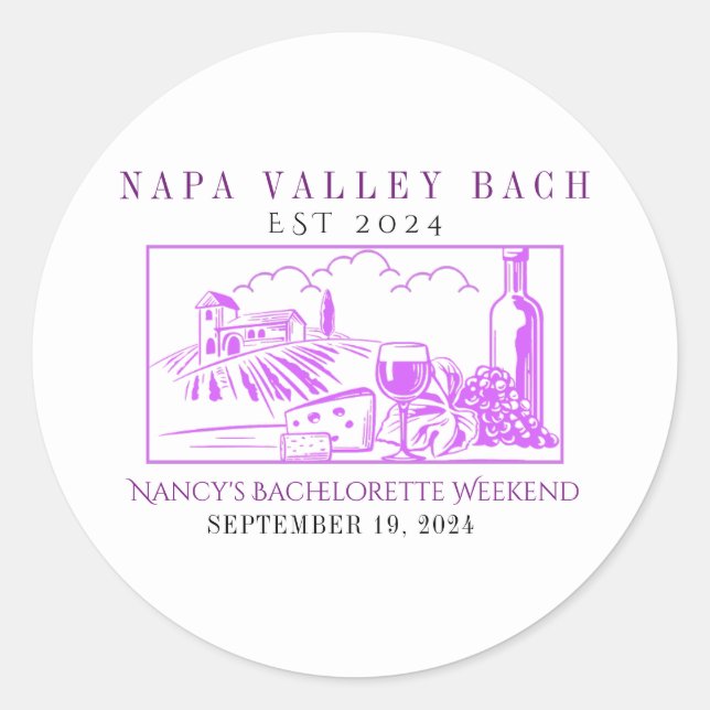 Adesivo Redondo Púrpura Napa Valley Bachelorette Favor Sticker (Frente)