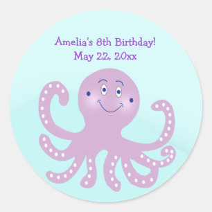 Adesivo Redondo Púrpura Octopus Aniversário Personalizado Vinheta