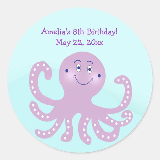 Adesivo Redondo Púrpura Octopus Aniversário Personalizado Vinheta (Frente)