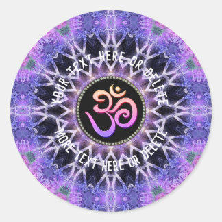 Adesivo Redondo Púrpura Om Mandala com texto curvo personalizado