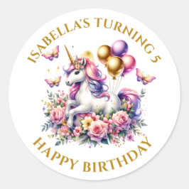 Adesivo Redondo Púrpura rosa e Dourado Aniversário do Unicórnio Pe