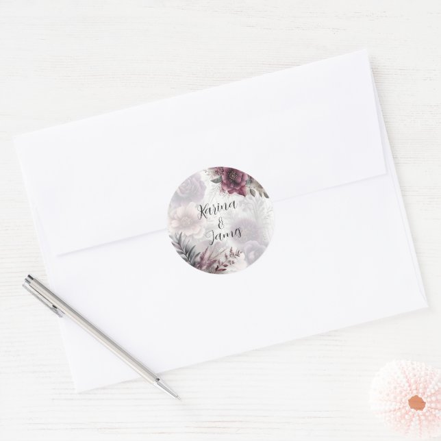 Adesivo Redondo Púrpura, rosa e floral marrom elegantes (Envelope)