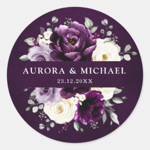 Adesivo Redondo Púrpura Roxo Pera Marinha Branca Casamento Floral 