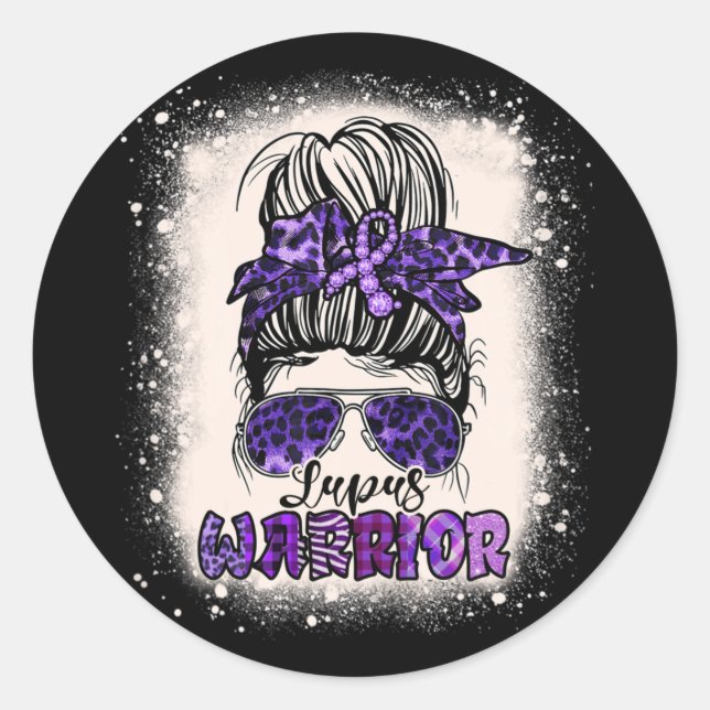 Adesivo Redondo Púrpura Sensibilização do Lupus Leopard Messy Bun  (Frente)