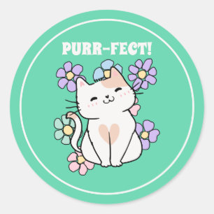 Adesivo Redondo PURR-FECT! Gato Sorridente com Flores