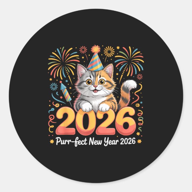Adesivo Redondo Purrfect New Year 2026 Cute Cat Fireworks Celebrat (Frente)