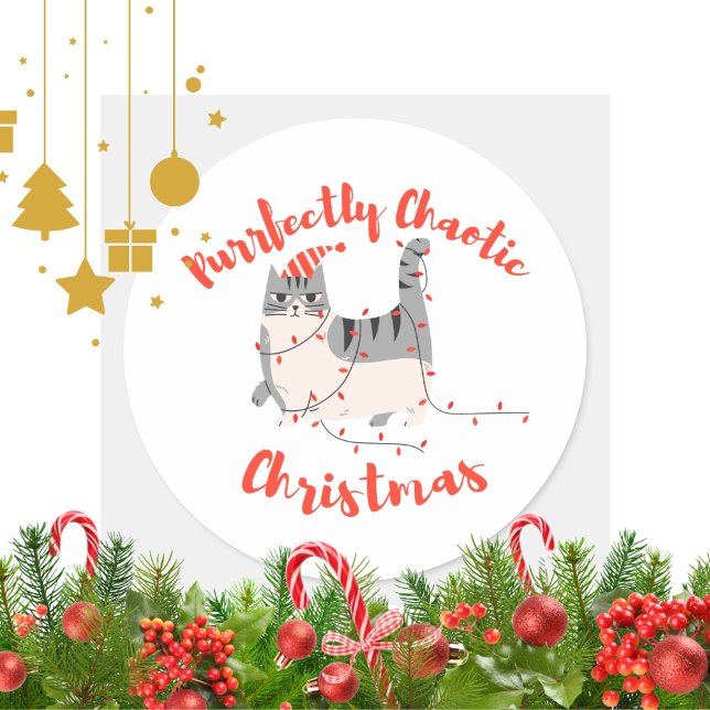 Adesivo Redondo Purrfectly Chaotic Christmas Funny Holiday Cat  (Criador carregado)