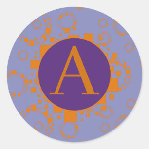Adesivo Redondo Quadrados Círculos Iniciais Laranja Roxo Monograma
